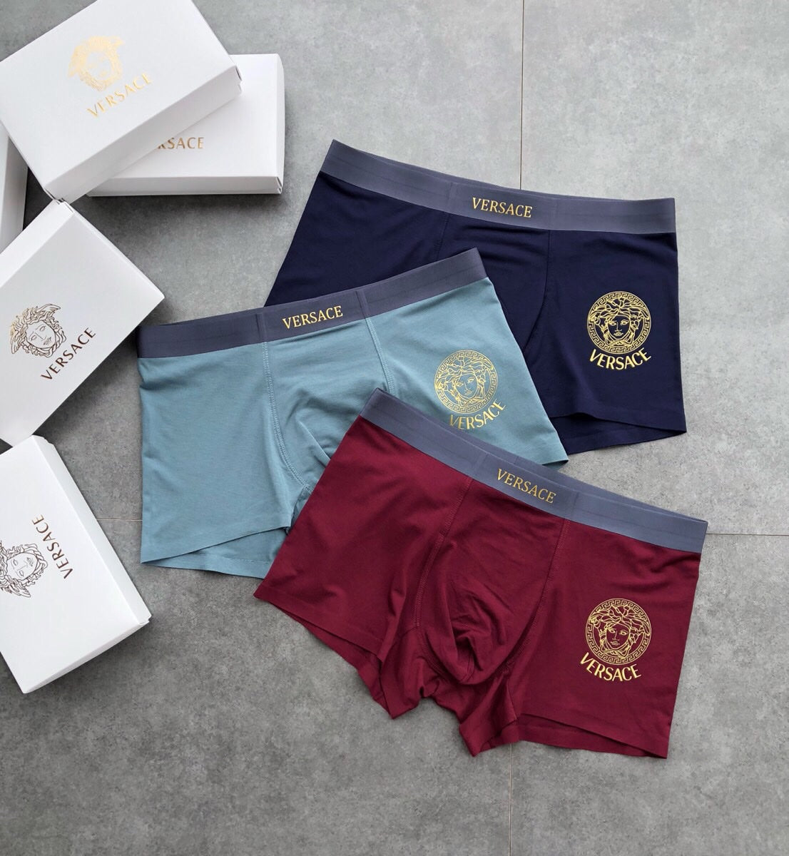 Versace Burgundy Grey Blue Small Round Emblems Boxer Briefs, image 1