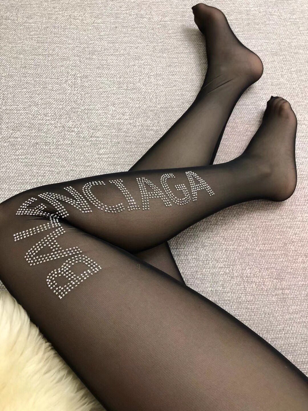 Balenciaga Black Folded Glitter Wordmark Patterned Tights, image 9