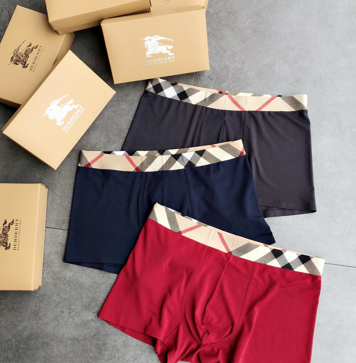Burberry Navy Grey Red Diagonal Check Waist Boxer Briefs, image 4