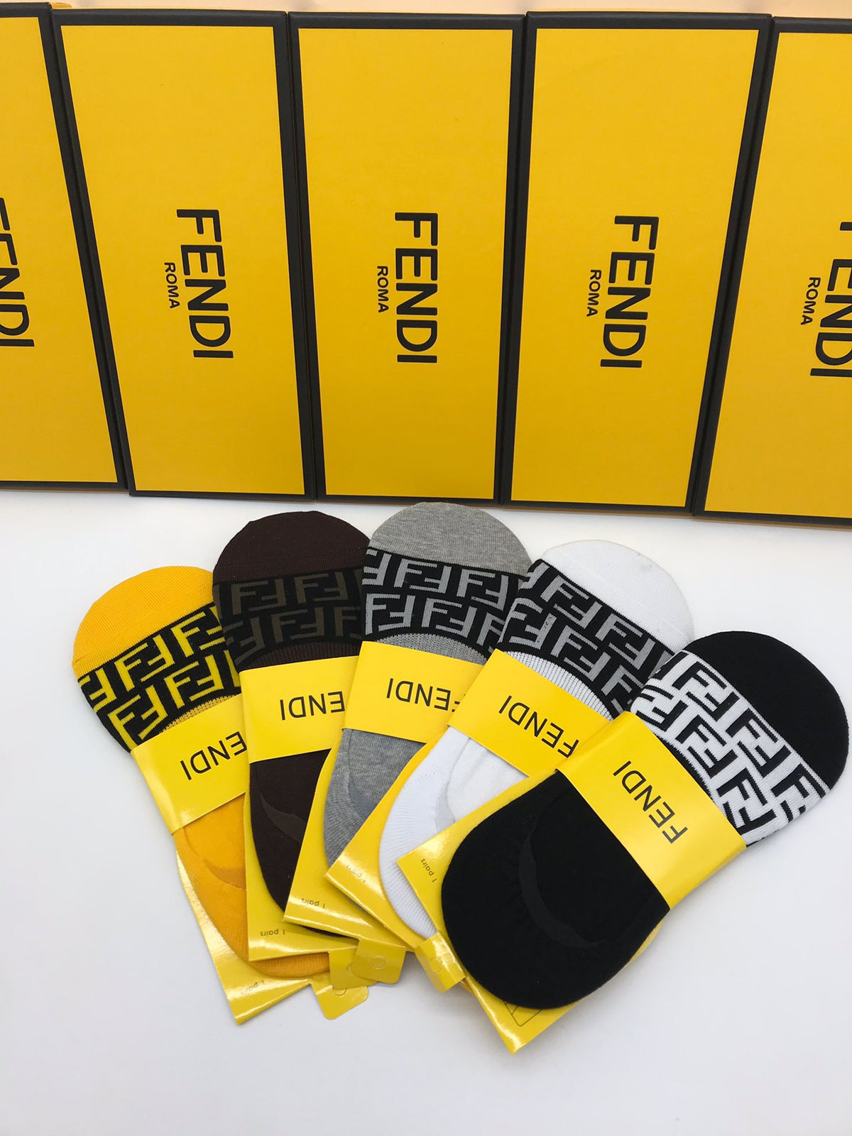Fendi Grey White Yellow Packaged Wordmarks No-Show Socks, image 5