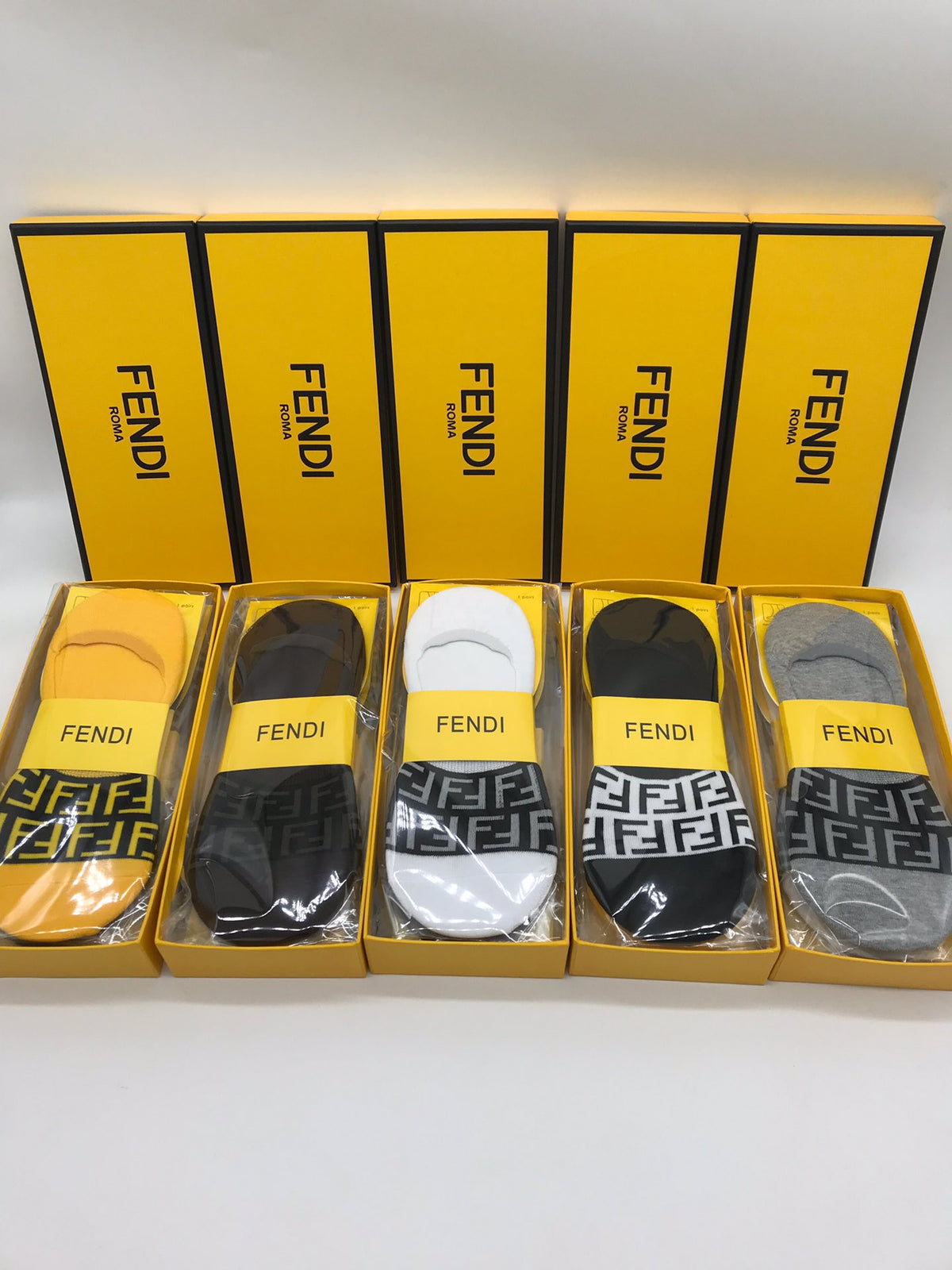 Fendi Grey White Yellow Packaged Wordmarks No-Show Socks, image 3