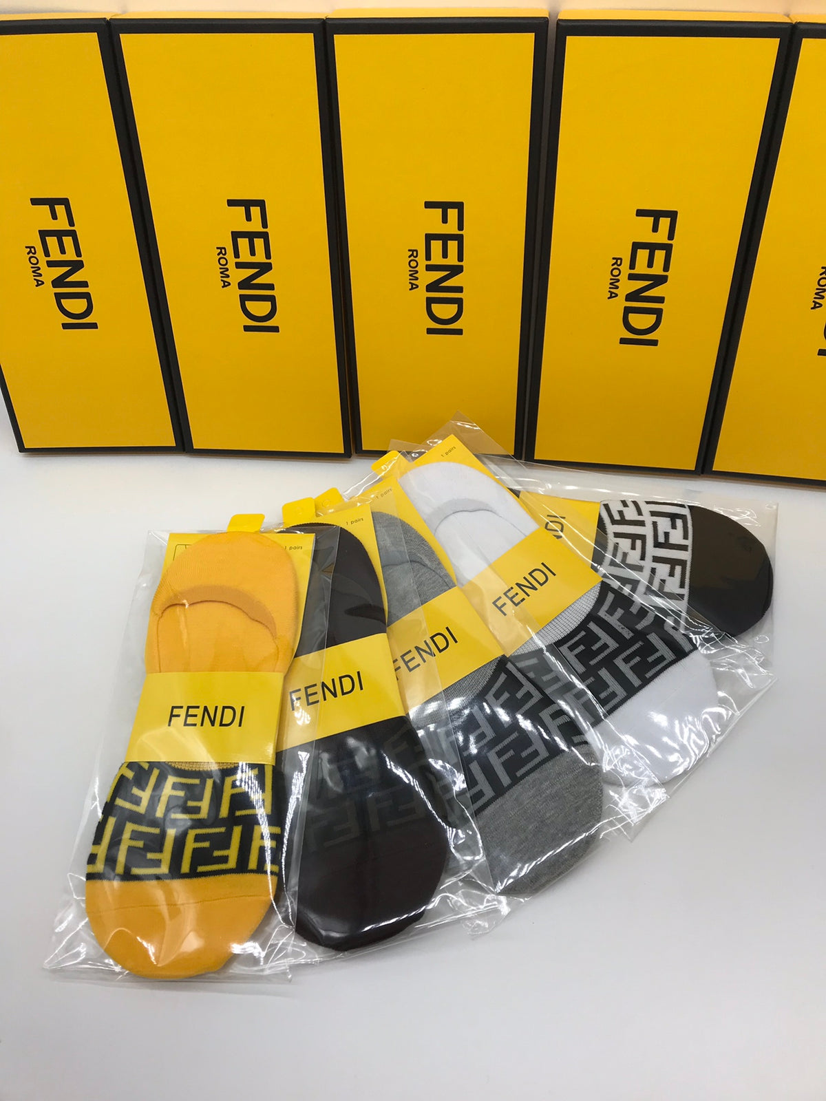 Fendi Grey White Yellow Packaged Wordmarks No-Show Socks, image 2