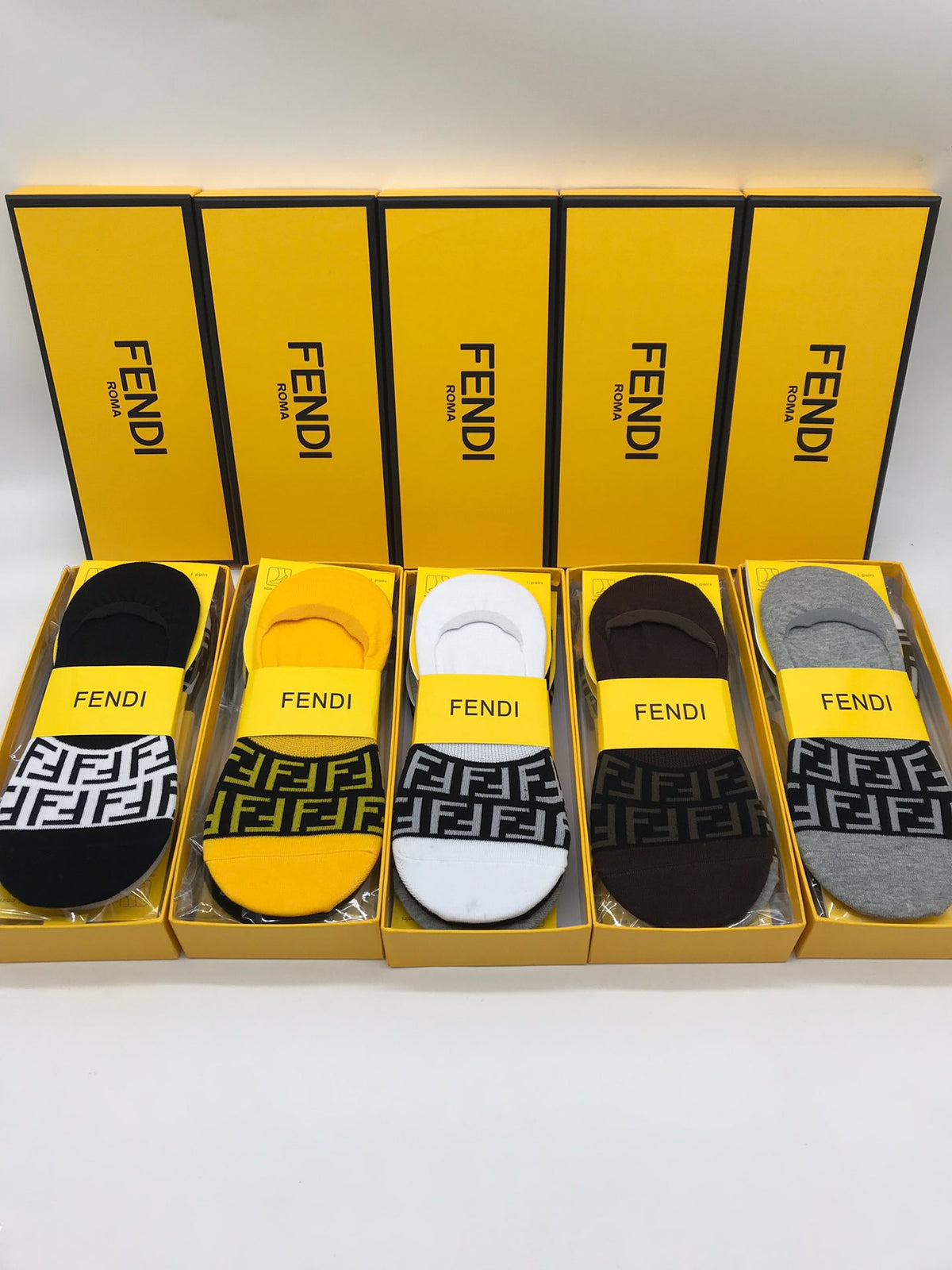 Fendi Grey White Yellow Packaged Wordmarks No-Show Socks, image 7