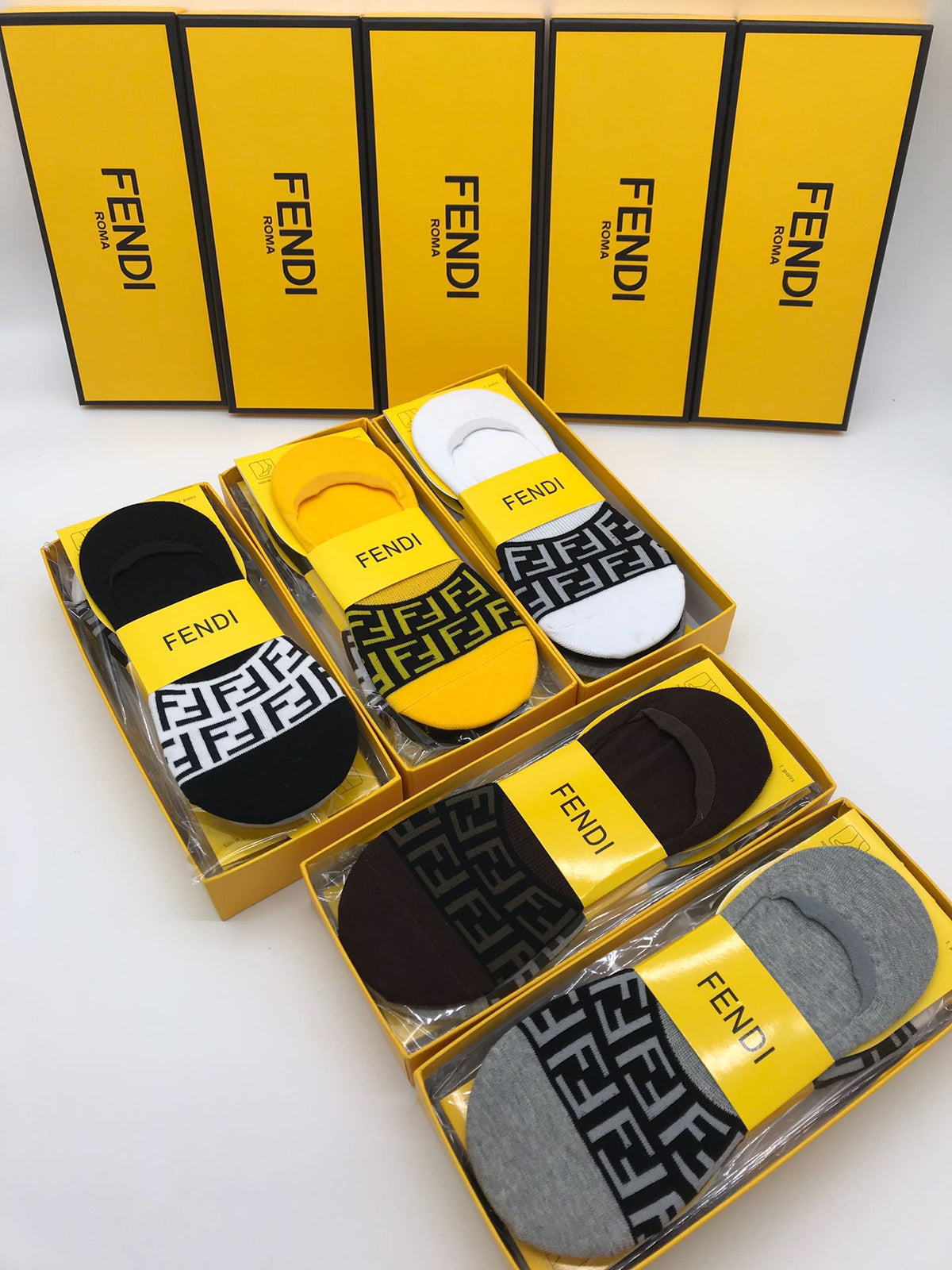Fendi Grey White Yellow Packaged Wordmarks No-Show Socks, image 8