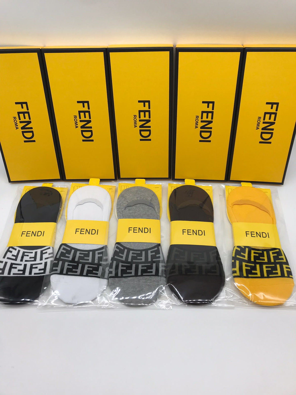 Fendi Grey White Yellow Packaged Wordmarks No-Show Socks, image 1