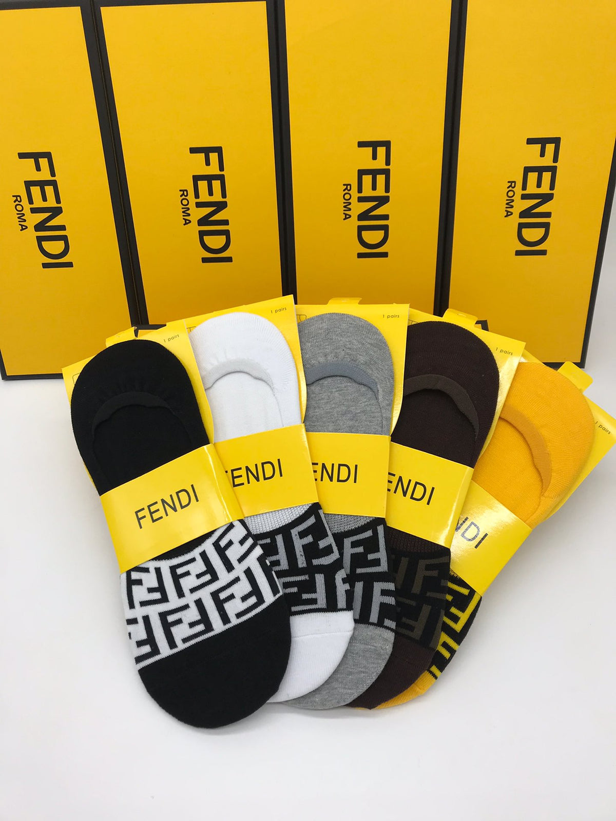 Fendi Grey White Yellow Packaged Wordmarks No-Show Socks, image 6