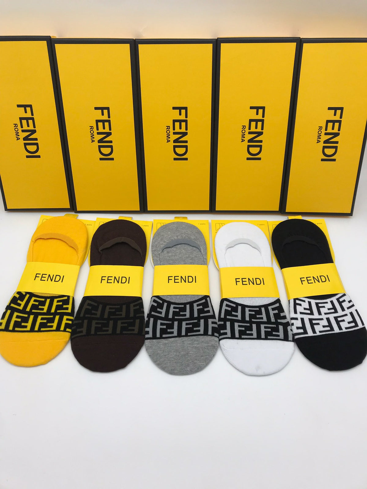 Fendi Grey White Yellow Packaged Wordmarks No-Show Socks, image 4