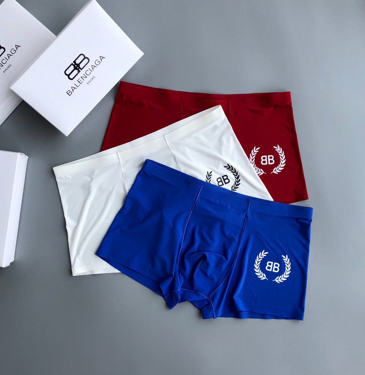 Balenciaga Blue White Burgundy Laurel Letters Boxer Briefs, image 1