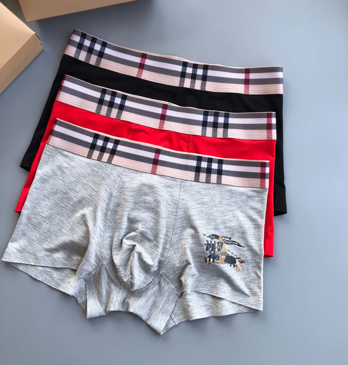 Burberry Grey Red Black Check Waist Horse Boxer Briefs, image 1