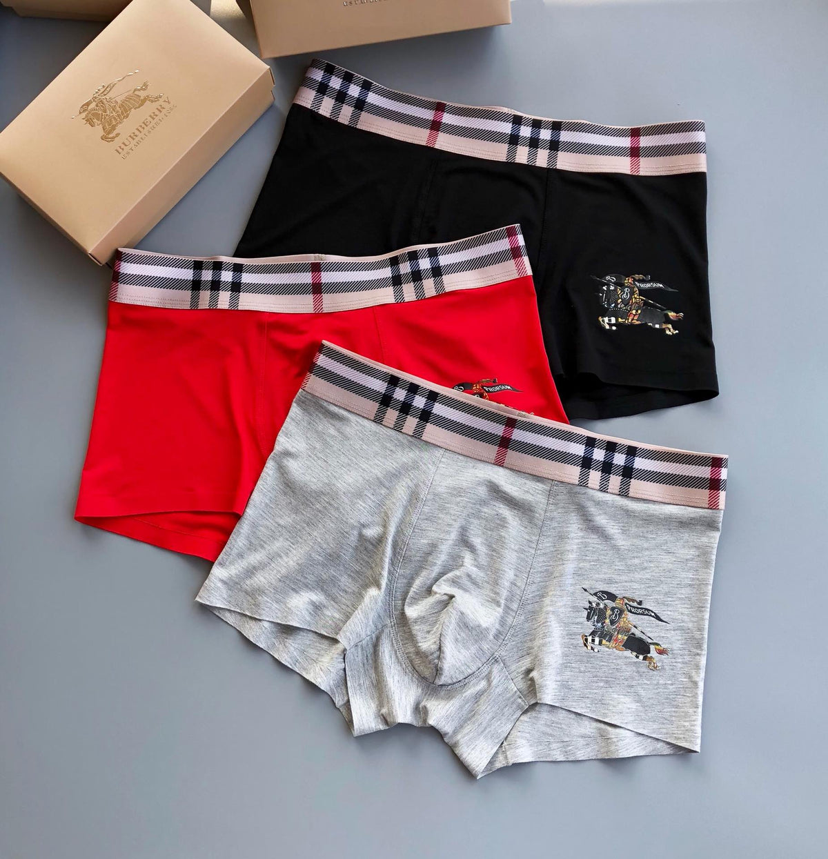 Burberry Grey Red Black Check Waist Horse Boxer Briefs, image 4