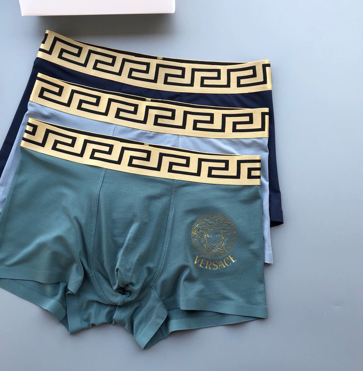 Versace Teal Blue Gold Greek Key Waist Boxer Briefs, image 4