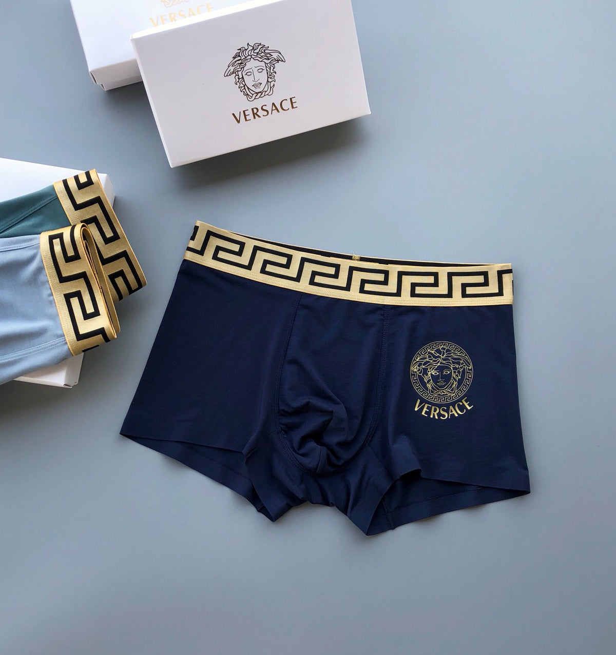 Versace Teal Blue Gold Greek Key Waist Boxer Briefs, image 6