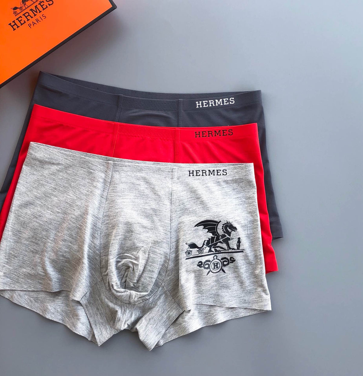 Hermès Grey Red Black Carriage Print Boxer Briefs, image 1