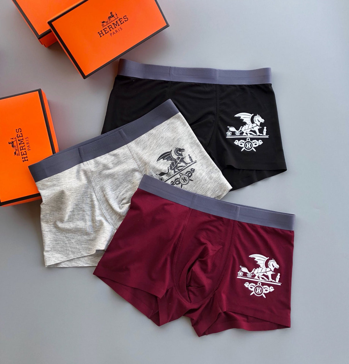 Hermès Burgundy Grey Black Large Carriage Boxer Briefs, image 2