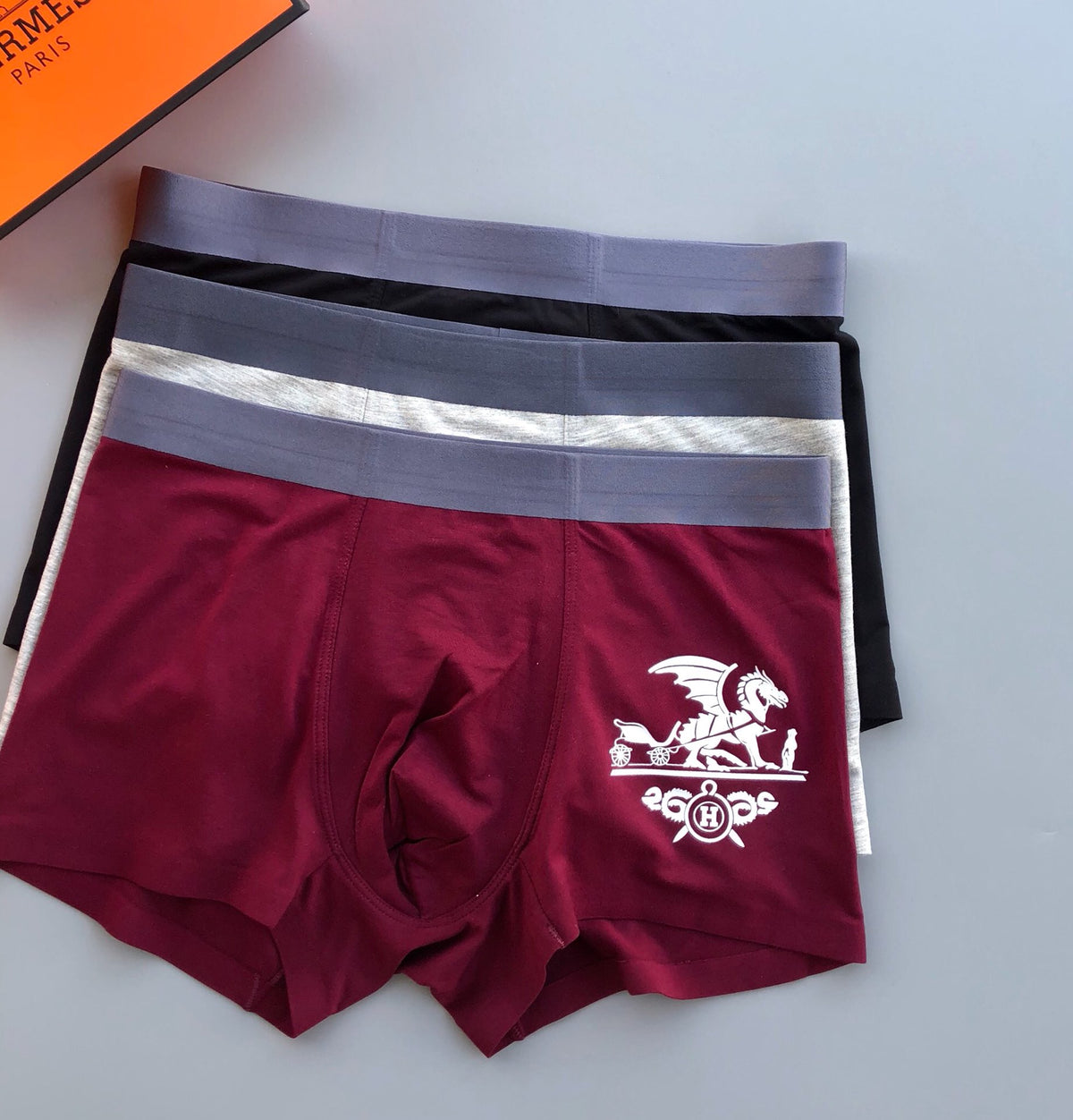 Hermès Burgundy Grey Black Large Carriage Boxer Briefs, image 3