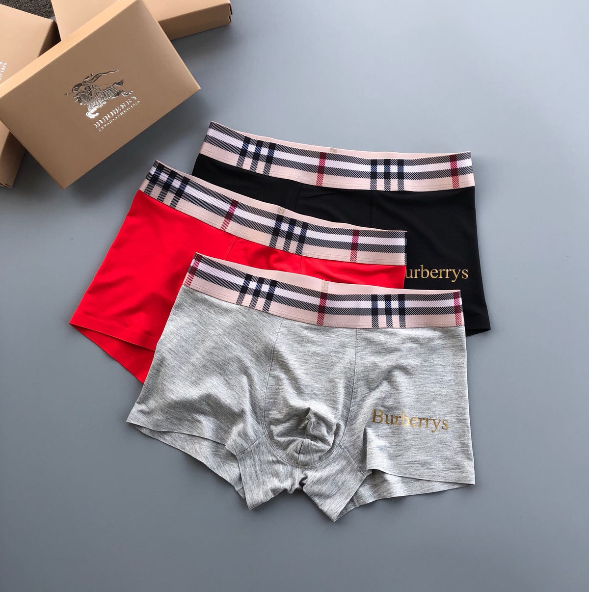Burberry Grey Red Black Check Waist Wordmark Boxer Briefs, image 2