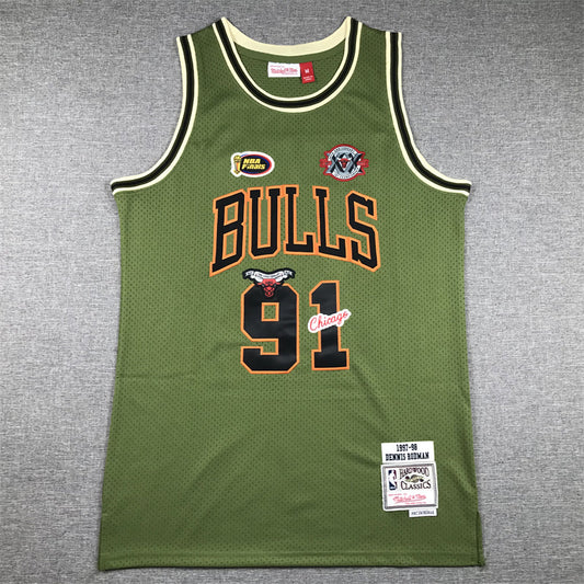 Men's Chicago Bulls Dennis Rodman #91 Army Green 1997-98 Hardwood Classics Swingman Jerseys