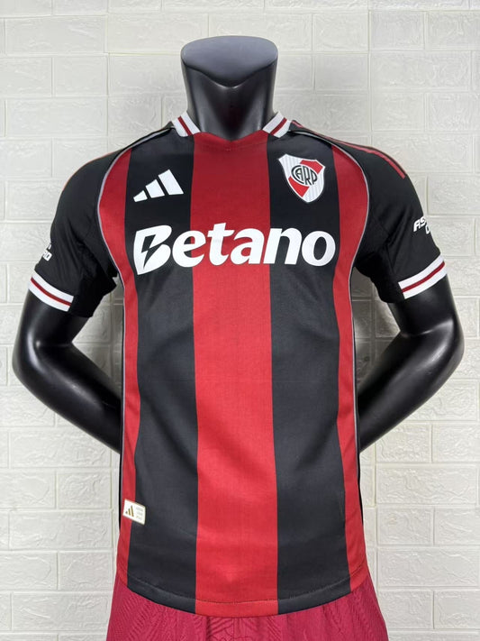 2025/26 River Plate Away Player Version Jersey - Adidas - Black Red Vertical Wide Stripe - White Red Striped V-Neck Collar - Betano White Sponsor