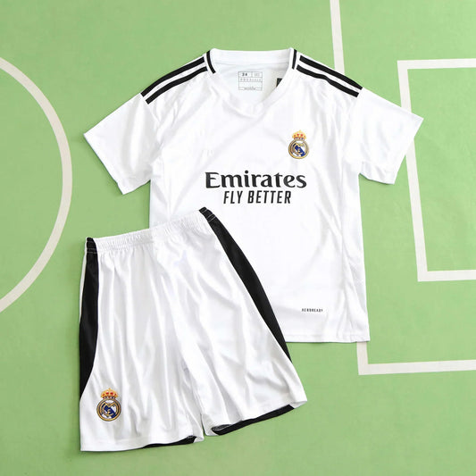 Real Madrid CF Home Kids Kit 2024/25 – White Football Jersey & Shorts Set for Children