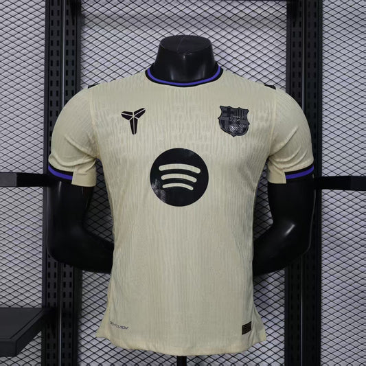 2025/26 FC Barcelona Away Player Version Jersey - Men's - Dri-FIT ADV - Champagne Off-White Body - Purple Crew Neck Collar - Black Shoulder Panels - Black FCB Crest - Spotify Black Sponsor