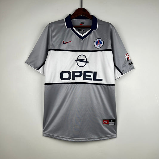 PSG 1999-2000 Away Retro Jersey – Nike Silver Grey White Band Navy V-Neck Opel Ligue 1 Paris Saint-Germain Fan Version Football Shirt