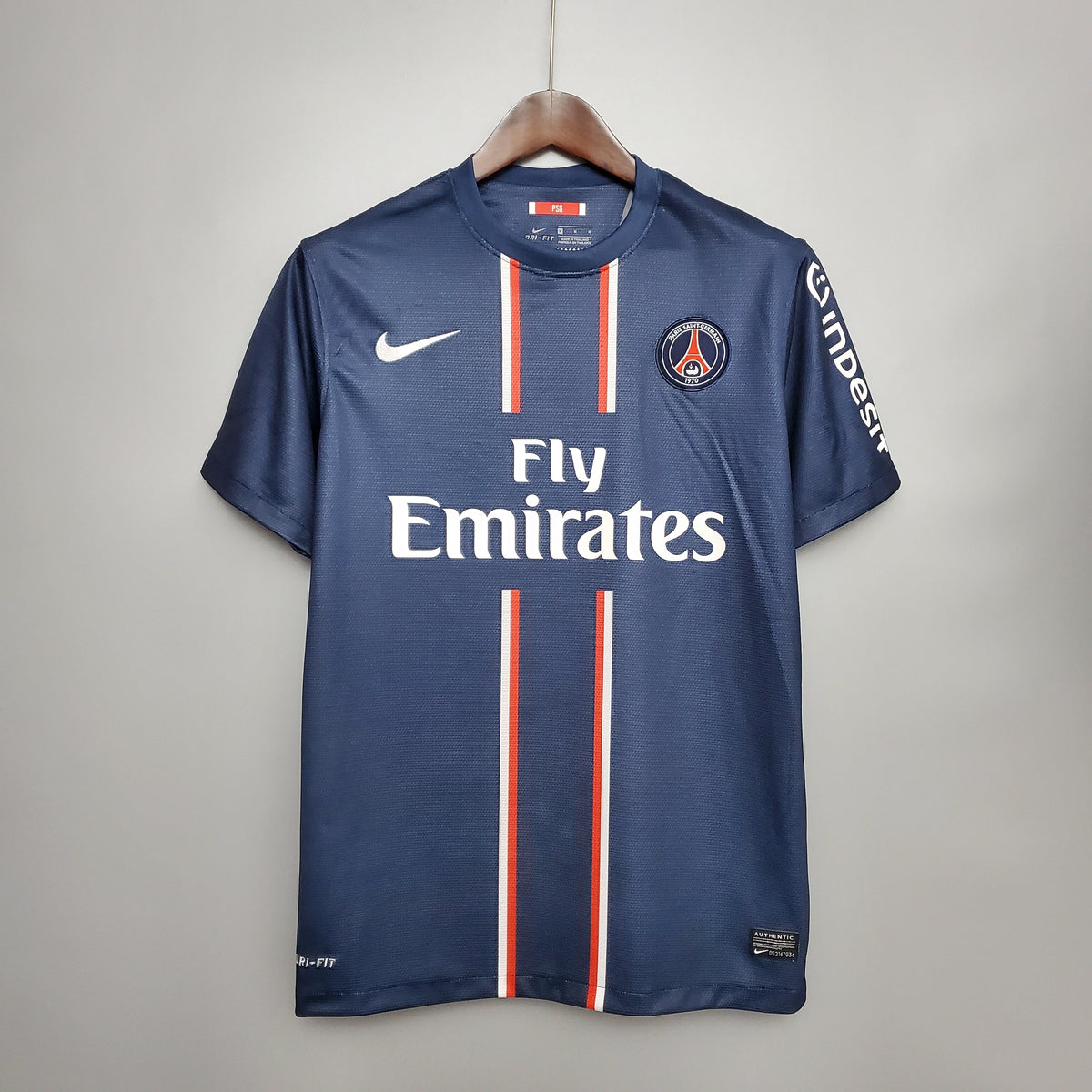 PSG 2012-13 Home Retro Jersey – Nike Navy Blue White Red Vertical Stripe Crew Neck Fly Emirates Eiffel Tower Crest Ibrahimovic Thiago Silva Beckham Verratti Pastore Lavezzi Ligue 1 Fan Version Football Shirt