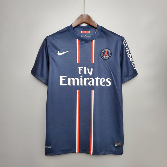 PSG 2012-13 Home Retro Jersey – Nike Navy Blue White Red Vertical Stripe Crew Neck Fly Emirates Eiffel Tower Crest Ibrahimovic Thiago Silva Beckham Verratti Pastore Lavezzi Ligue 1 Fan Version Football Shirt