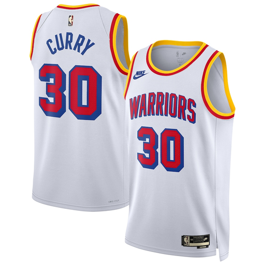 Stephen Curry #30 Golden State Warriors White 2024-25 Classic Edition Red "Warriors" Retro Gold-Red Tri-Color Collar Swingman Jersey - S-XXXL