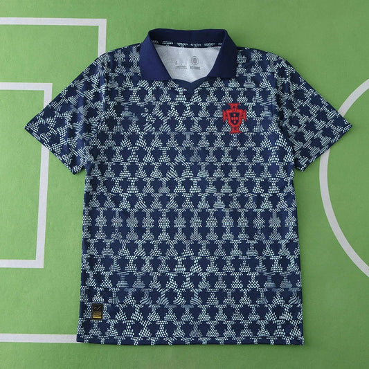 Portugal National Team Training Fan Version 2025/26 – Navy Blue Geometric Pattern Football Training Jersey | FPF Crest