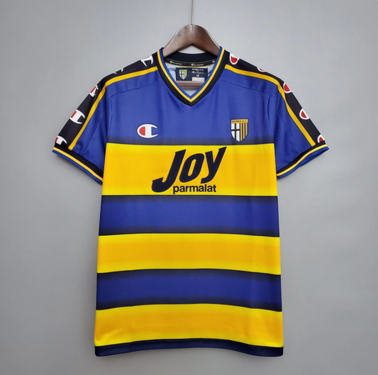 Parma AC 2001-02 Home Retro Jersey – Blue Yellow Black Stripe Joy Parmalat Champion Fan Version Football Shirt