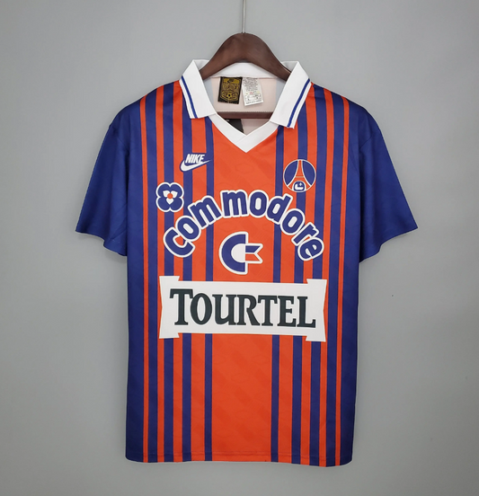 Paris Saint-Germain 1992-93 Away Jersey – Orange & Blue Stripes Nike Commodore Tourtel Retro Ligue 1 Football Shirt | Classic Early 90s PSG Kit