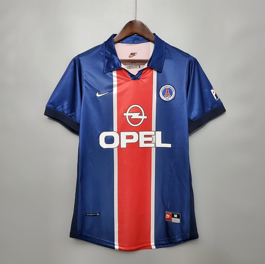 PSG 1998-99 Home Retro Jersey – Nike Royal Blue Red Central Stripe White Pinstripe Opel Polo Collar Ligue 1 Paris Saint-Germain Fan Version Football Shirt