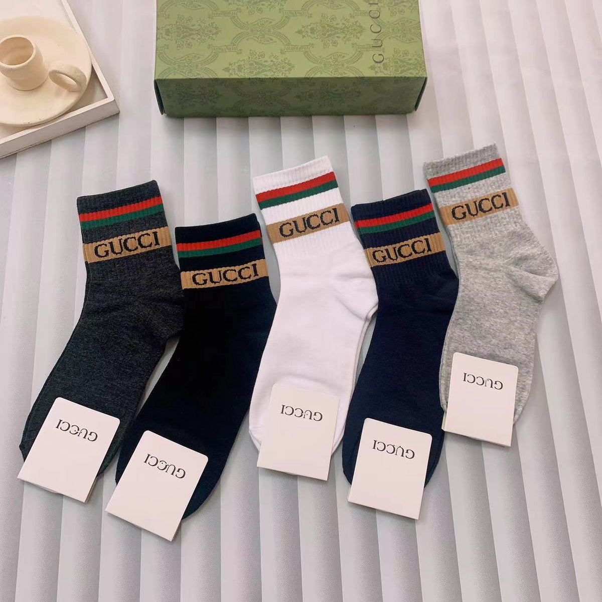 Gucci Black Pink Grey Gold Cuff Bands Ankle Socks, image 2