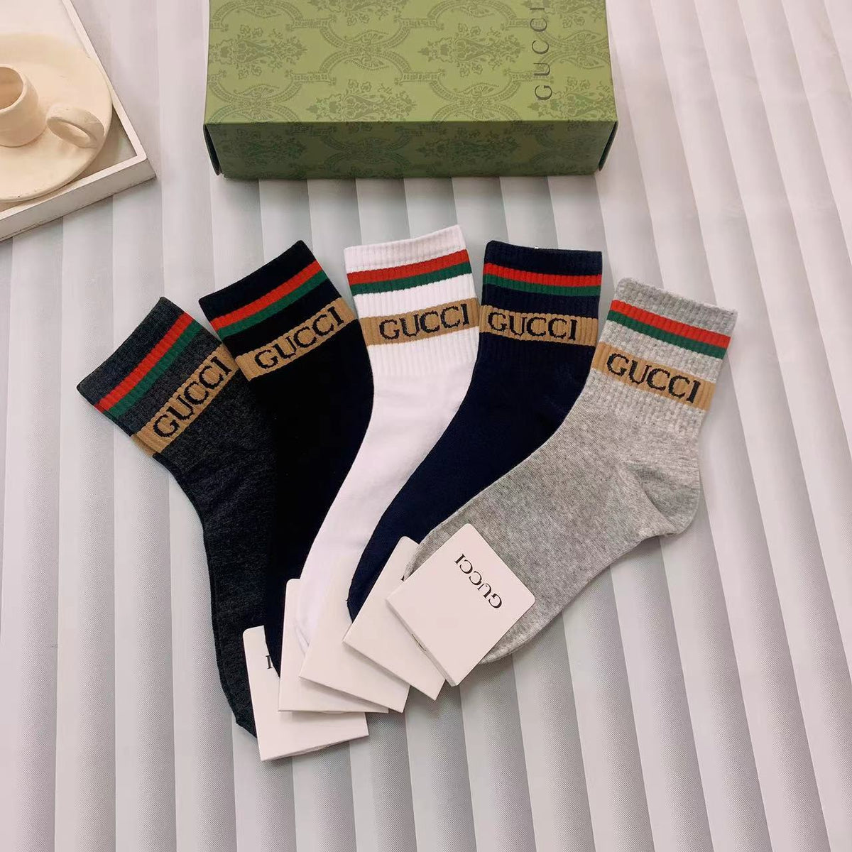 Gucci Black Pink Grey Gold Cuff Bands Ankle Socks, image 1