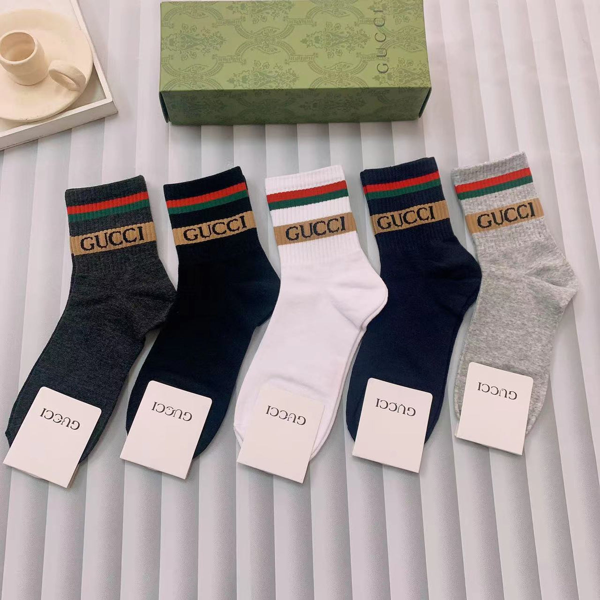 Gucci Black Pink Grey Gold Cuff Bands Ankle Socks, image 3