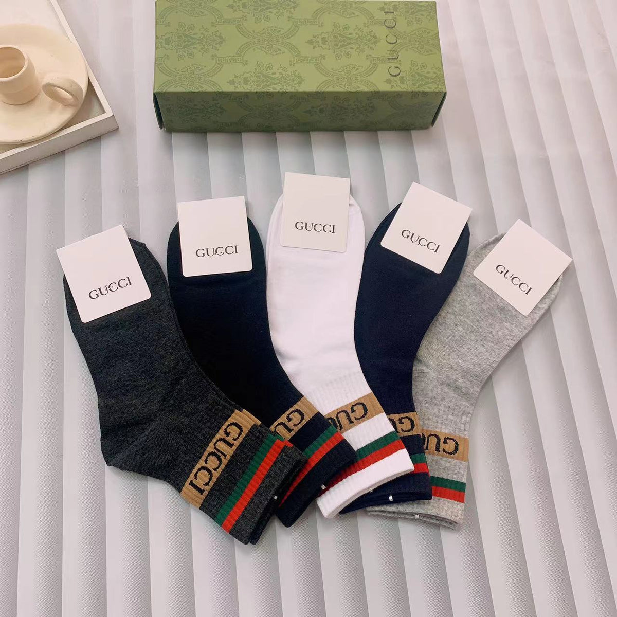 Gucci Black Pink Grey Gold Cuff Bands Ankle Socks, image 4
