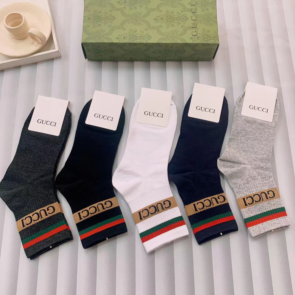 Gucci Black Pink Grey Gold Cuff Bands Ankle Socks, image 5