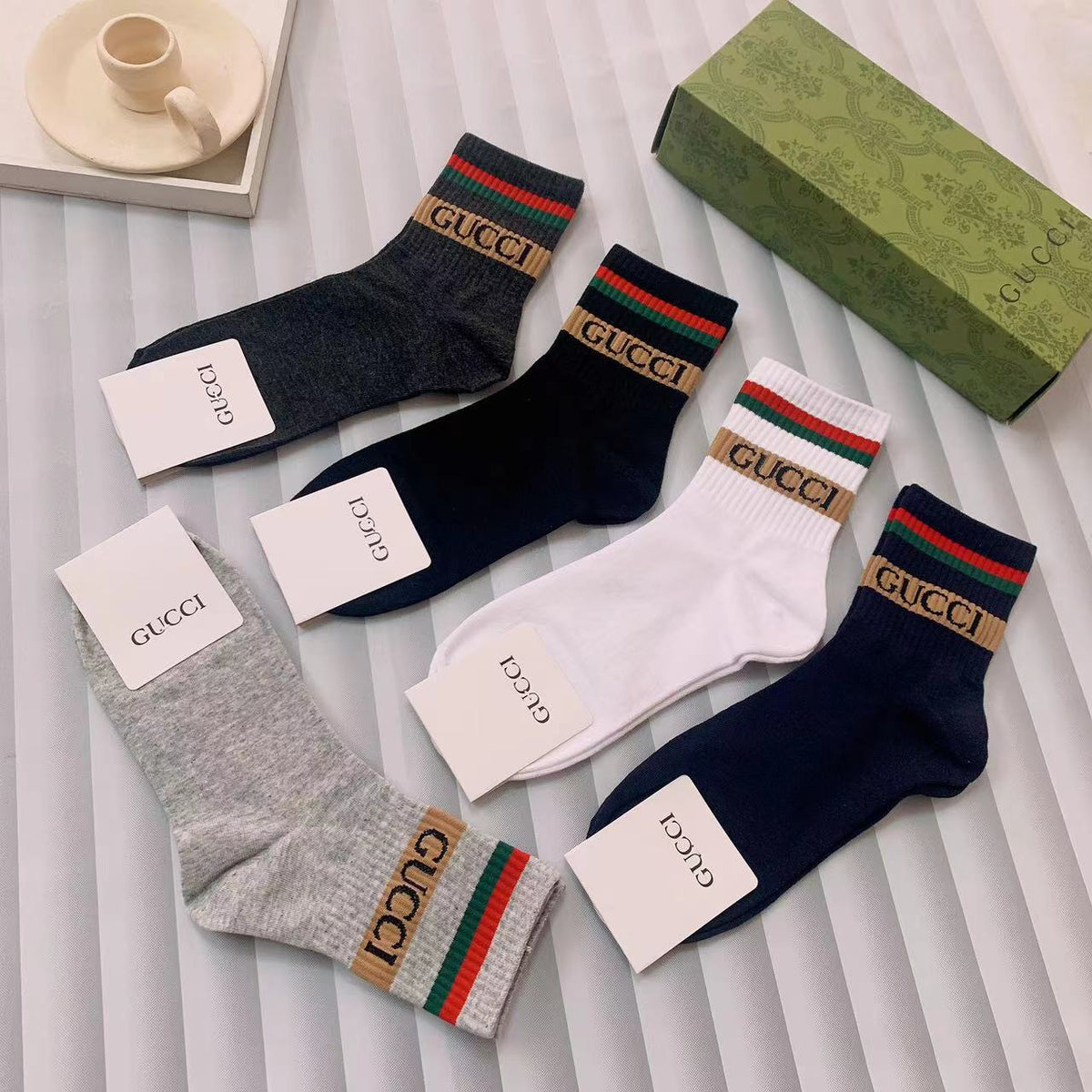 Gucci Black Pink Grey Gold Cuff Bands Ankle Socks, image 7