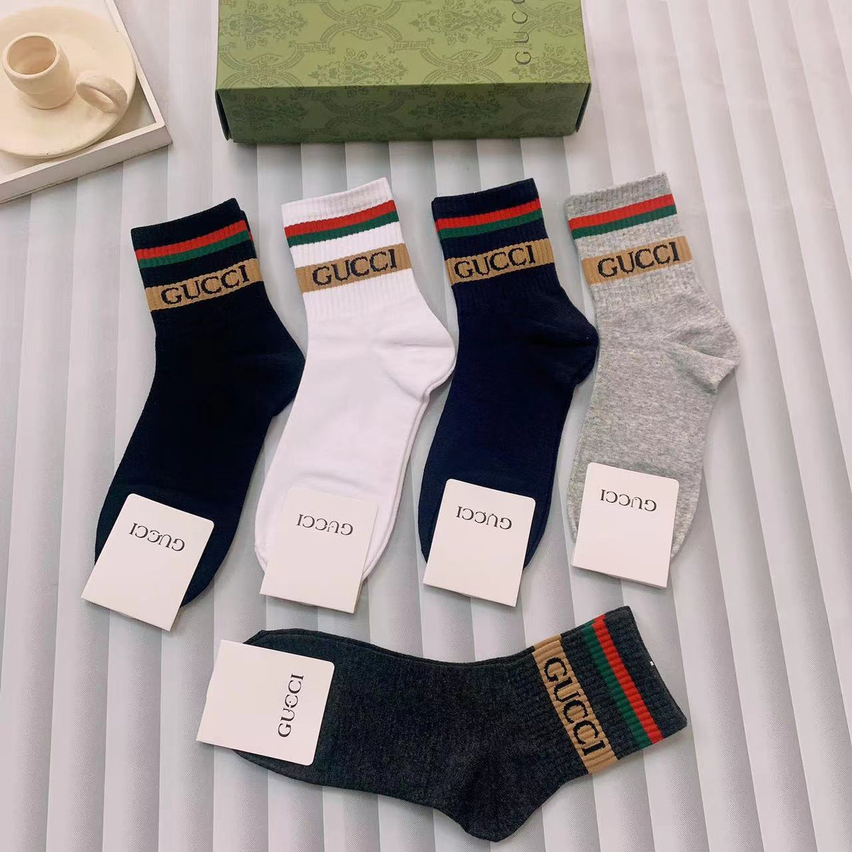 Gucci Black Pink Grey Gold Cuff Bands Ankle Socks, image 9