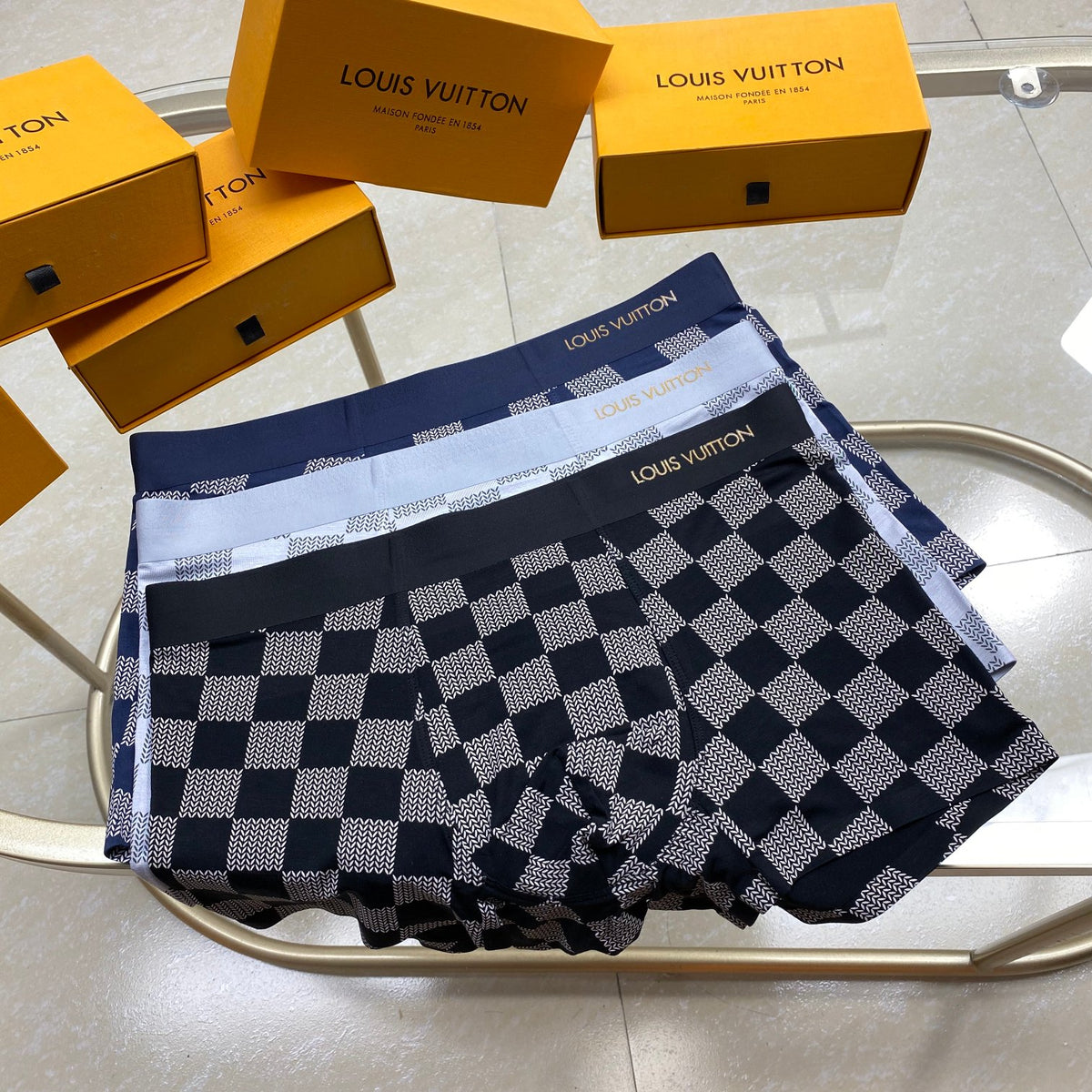 Louis Vuitton Navy Grey Large Checkerboard Boxer Briefs, image 1