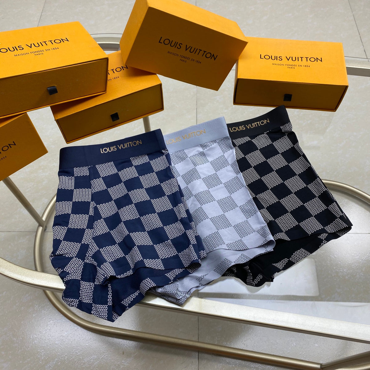 Louis Vuitton Navy Grey Large Checkerboard Boxer Briefs, image 3