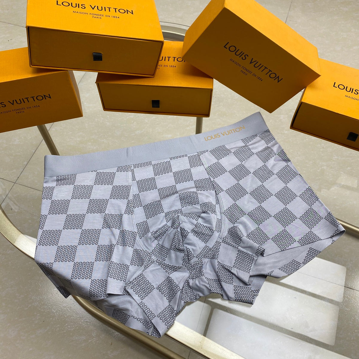 Louis Vuitton Navy Grey Large Checkerboard Boxer Briefs, image 5