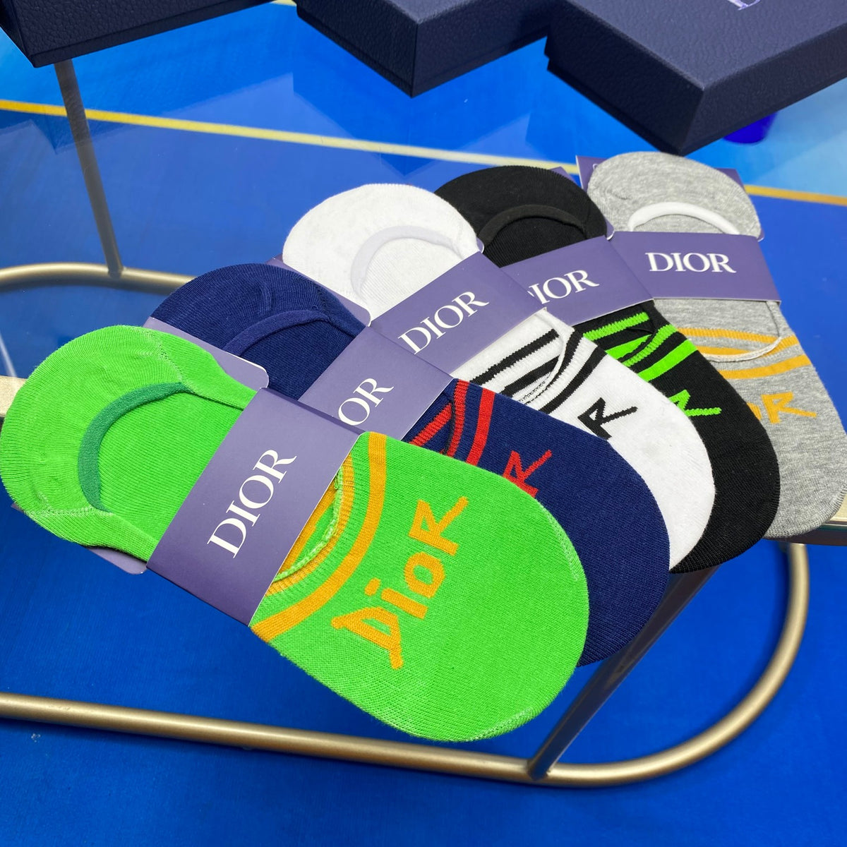 Dior Bright Green Grey Blue Wordmarks No-Show Socks, image 4