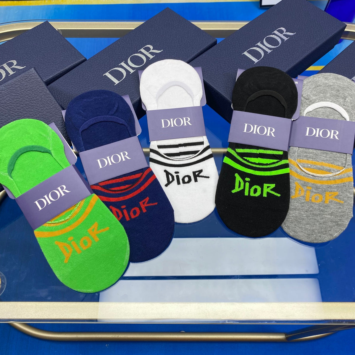 Dior Bright Green Grey Blue Wordmarks No-Show Socks, image 6