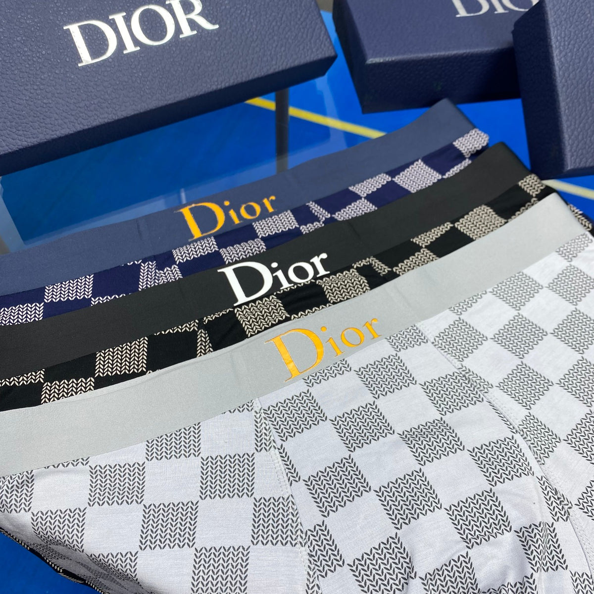 Dior White Grey Checkerboard Pattern Boxer Briefs, image 2