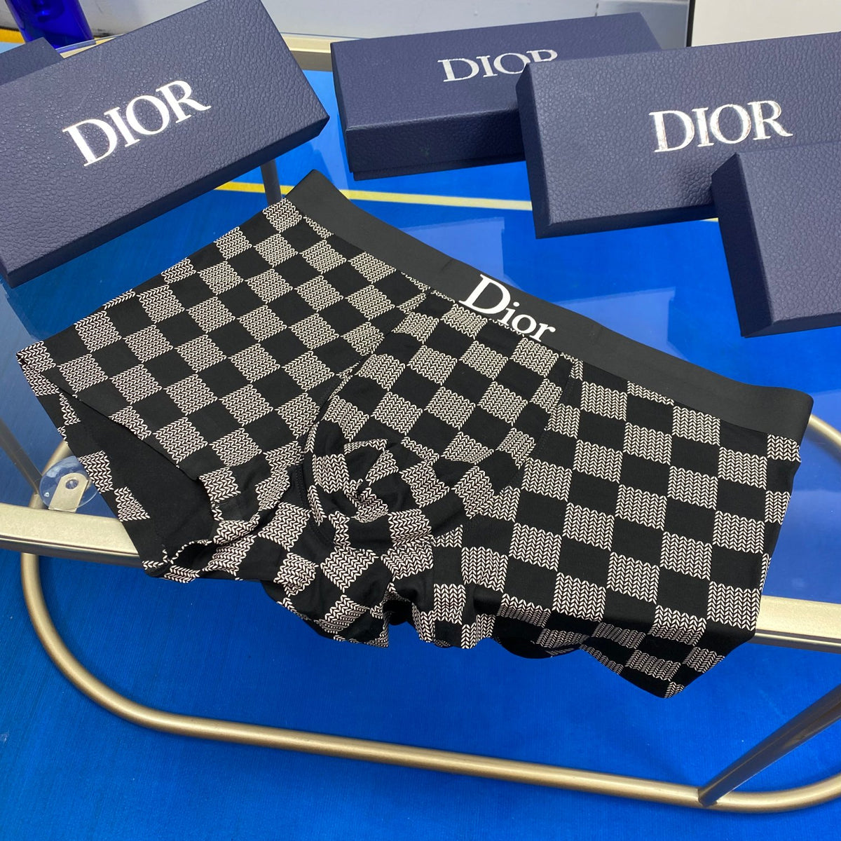 Dior White Grey Checkerboard Pattern Boxer Briefs, image 5