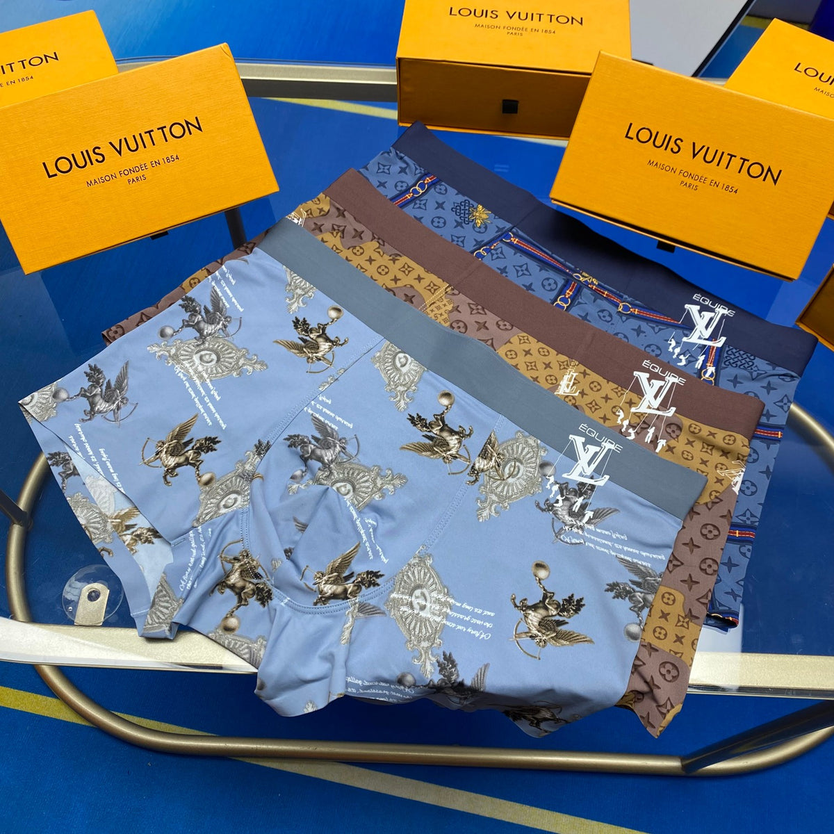 Louis Vuitton Blue Grey Dense Small Figures Boxer Briefs, image 1