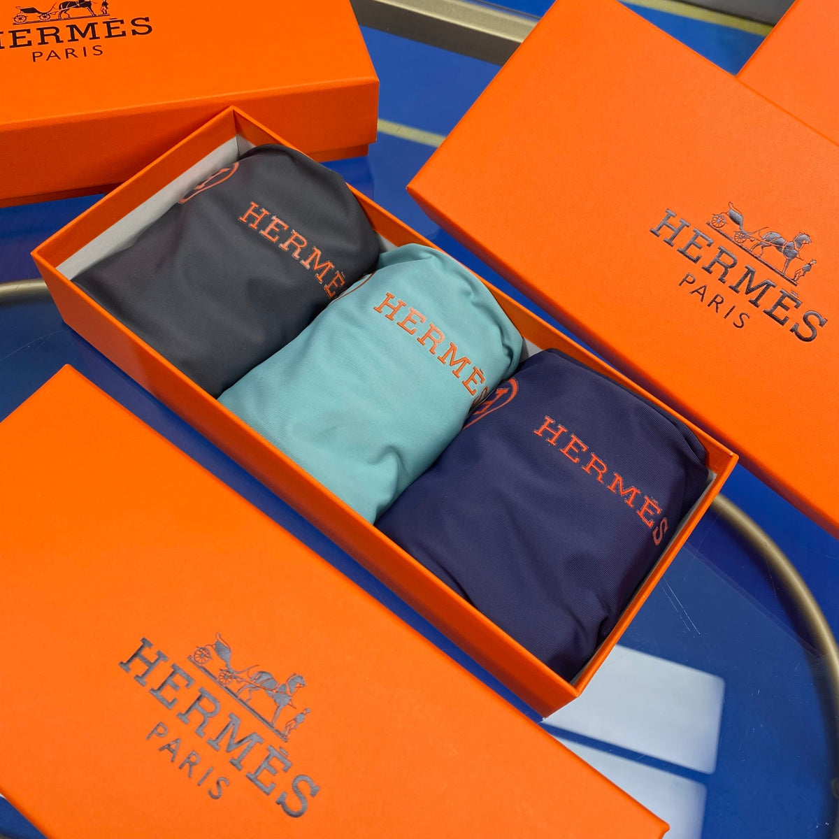 Hermès Boxed Teal Burgundy Waist Text Boxer Briefs, image 1