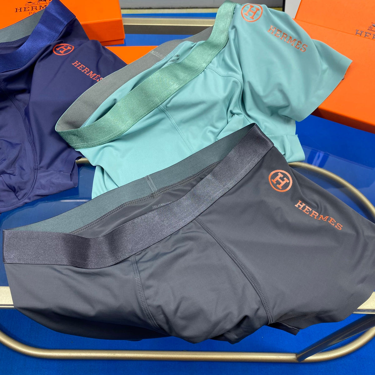 Hermès Boxed Teal Burgundy Waist Text Boxer Briefs, image 7