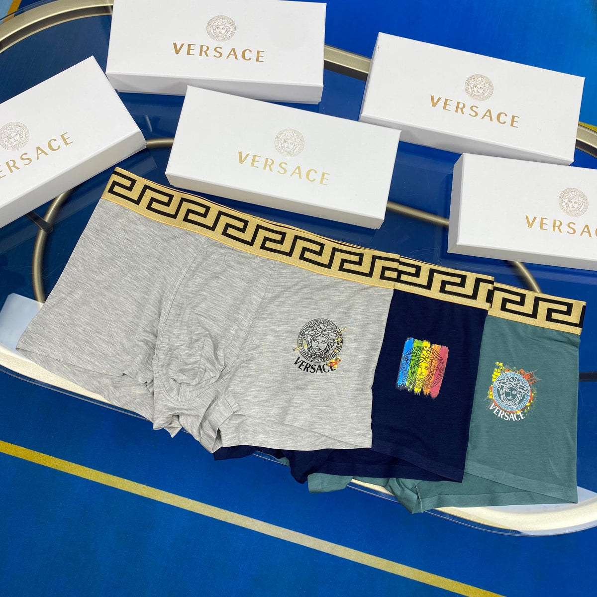 Versace Grey Navy Small Square Patch Boxer Briefs, image 1